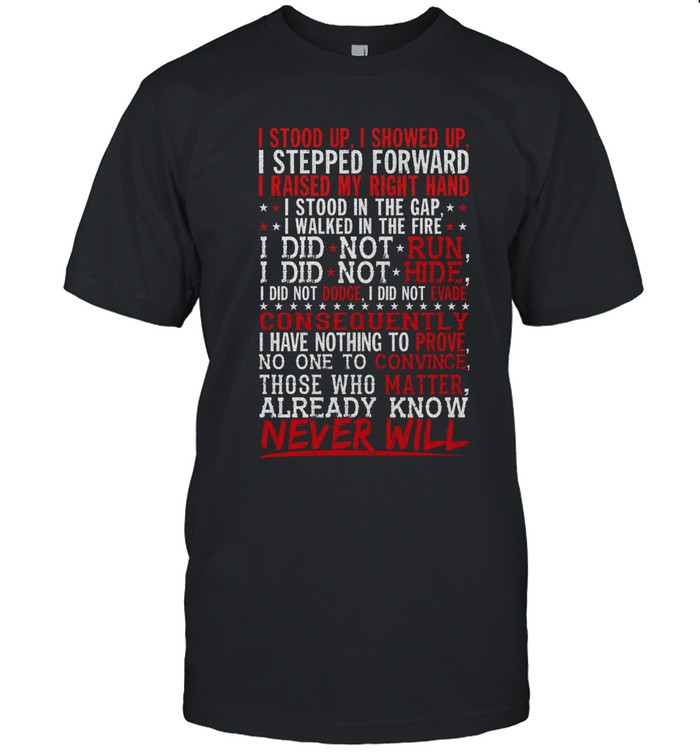 I stood up, i showed up i stepped forward i raised my right hand i stood in the gap i walked in the fire i did not run i did not hide i did not freeze, i did not choke consequently,